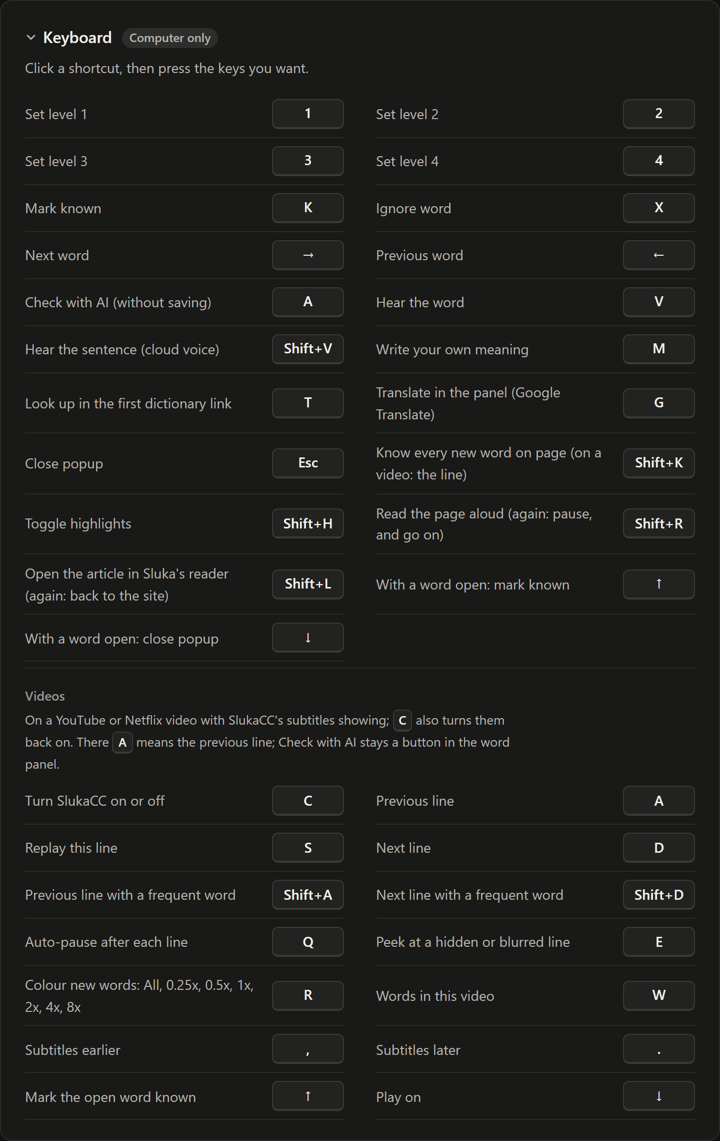 The Keyboard settings card listing every shortcut with its current key: levels 1 to 4, K, X, the right and left arrows, A, V, Shift+V, M, T, G, Esc, Shift+K, Shift+H, Shift+R, Shift+L for Sluka's reader, and the up and down arrows for an open word; then, under Videos, C, A, S, D, Shift+A and Shift+D for the previous and next line with a frequent word, Q, E, R, W, comma and full stop for subtitles earlier and later, and the up and down arrows.