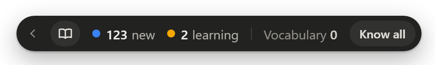 The counter island: an arrow at its left end that opens today's tally, a book button that opens Read in Sluka, a blue dot with 123 new, a yellow dot with 2 learning, Vocabulary 0, and a Know all button.