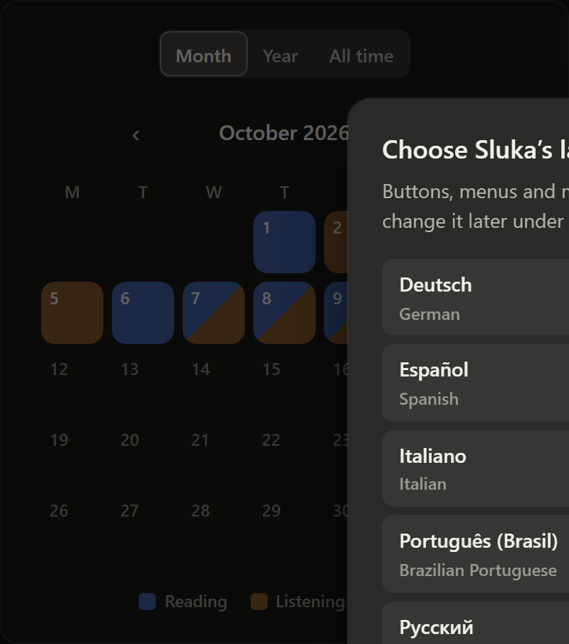 The month calendar under Progress: each day coloured blue for reading, orange for listening, or split between the two.